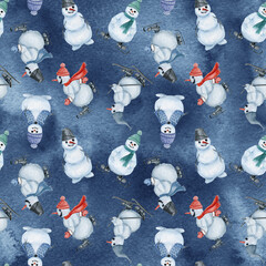 watercolor snowman pattern, ski snowman in hat texture, Hand drawn Christmas illustration on blue background, Cute snowman with scarf, Design for textile, fabric, wrapping paper, invitation, wallpaper