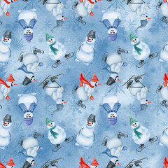watercolor snowman pattern, ski snowman in hat texture, Hand drawn Christmas illustration, Cute snowman with scarf background, Design for textile, fabric, wrapping paper, invitation, wallpaper