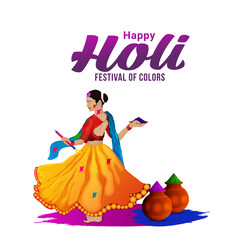 Creative illustration of happy holi celebration greeting card with mud pot of color