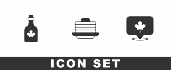 Set Bottle of maple syrup, Stack pancakes and Canadian leaf icon. Vector