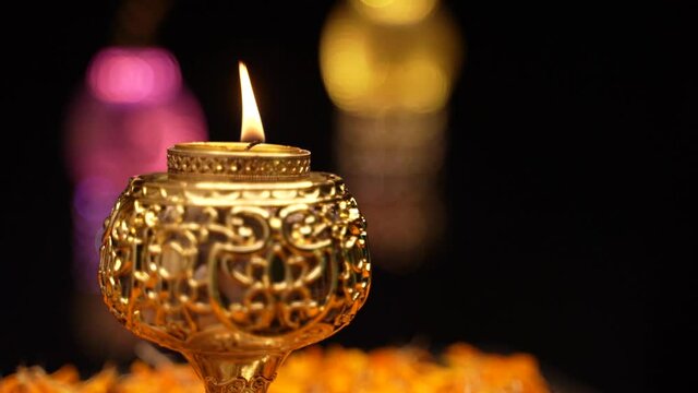 Traditional oil lamps with flower decoration for indian festival diwali.