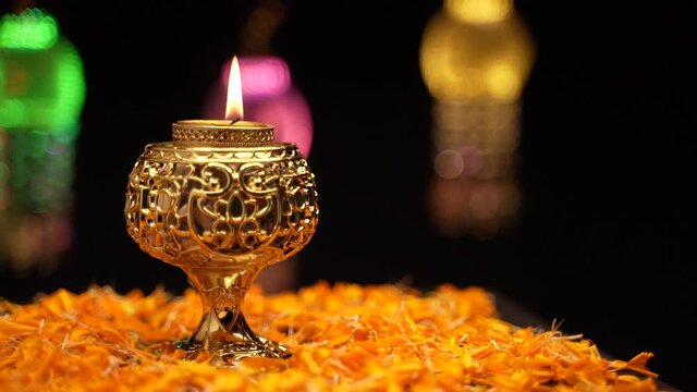 Traditional oil lamps with flower decoration for indian festival diwali.