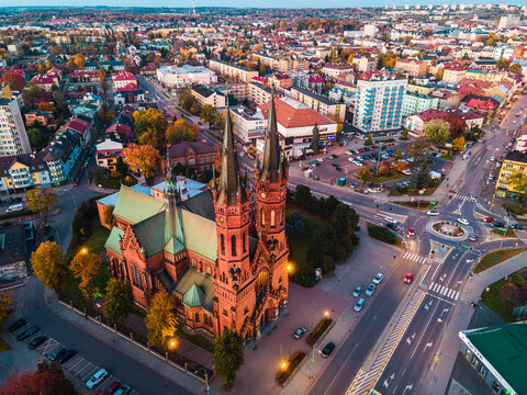 Cityscape  Downtown of Tarnow in Poland, Aerial Drone View at Sunset.