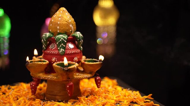 Traditional oil lamps with flower decoration for indian festival diwali.