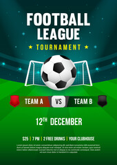 Football league tournament poster design vector illustration. Soccer ball on the field of stadium