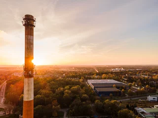 Fotobehang Coal Heat Plant  in Tarnow, Poland Aerial Drone View on Chimney © marcin jucha