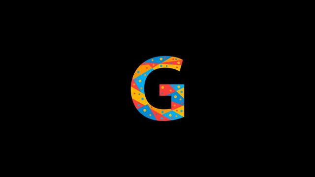 Letter G. Animated unique font made of circles and triangles, polygons. Geometric mosaic bright colors. Letter G for icons, logos, interface elements. Alpha channel transparent background, 4K