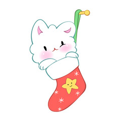 Christmas kawaii Cat with sock. Holiday cheer. Vector sticker for messenger