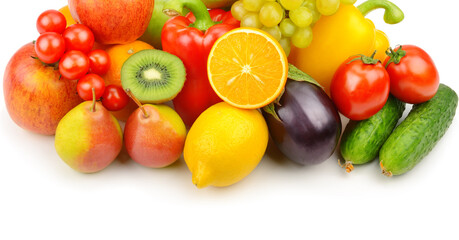 Vegetables and fruits isolated on a white . Place for your text. Wide photo.