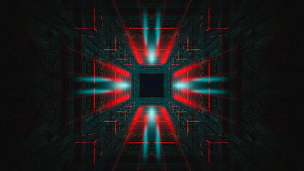Abstract neon dark background, old rusty metal safe, neon lights rays and lines. Underground dark futuristic tunnel, basement, garage. 3D illustration.
