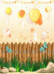 Background for the children's room - Hares behind the fence. Vector illustration 