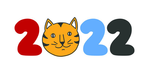 Decorative symbol of this year 2022. The tiger's head is drawn instead of zero. Perfect for Christmas cards, invitations, calendars or decorations.