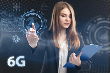 Business, Technology, Internet and network concept. Young businessman working on a virtual screen of the future and sees the inscription: 6G