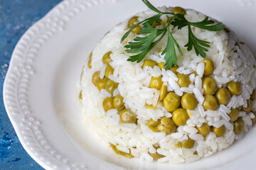 Traditional delicious Turkish foods; pea rice (Turkish name; Bezelyeli pilav)