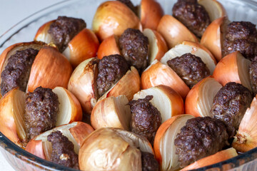 Traditional Turkish food; Onion kebab (Turkish name; Sogan kebabi) Local food of Gaziantep region