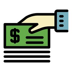 Hand with money check icon. Outline hand with money check vector icon color flat isolated