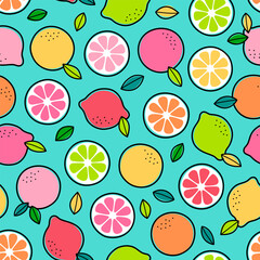 Colorful hand drawn citrus fruits seamless pattern for summer background.