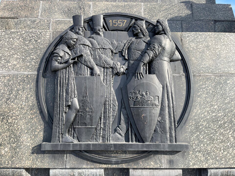 Ufa, Republic of Bashkortostan, Russia, October 17, 2021: Bas-relief depicting the moment of signing of the peace treaty between the two peoples on the monument of Friendship of peoples