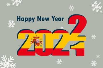 New Year's card 2022. Pictured: an element of the Spanish flag, a festive inscription and snowflakes. it can be used as a promotional poster, postcard, flyer, invitation, or website.