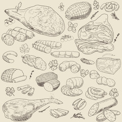 Set of meat products and meat delicacies. Sausages, ham, bacon, lard, salami in sketch style.