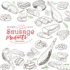 Set of meat products and meat delicacies. Sausages, ham, bacon, lard, salami in sketch style.
