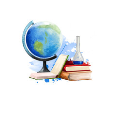 Back to school digital art illustration. Watercolor hand drawn globe, stack of books and chemical jar. Beginning of studying year. Hand drawn sphere world globe, glass flask, notebook, books set