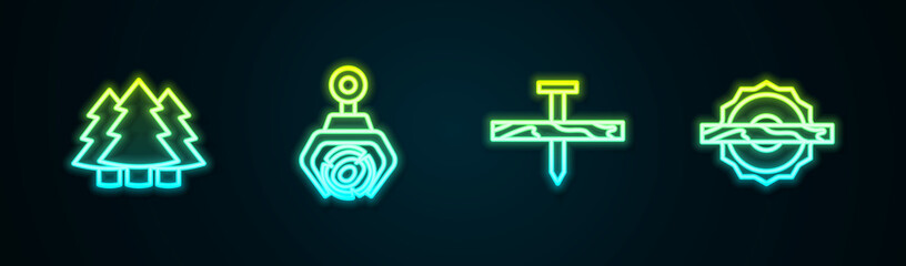 Set line Christmas tree, Grapple crane grabbed log, Metallic nail and Electric circular saw. Glowing neon icon. Vector