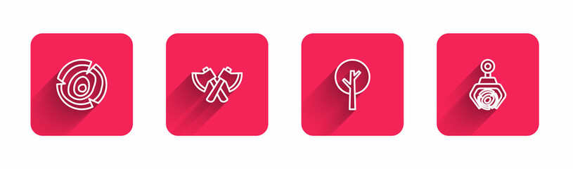 Set line Wooden logs, axe, Tree and Grapple crane grabbed with long shadow. Red square button. Vector