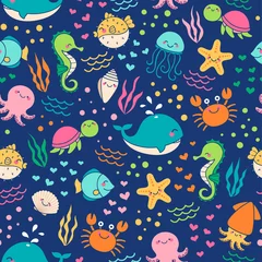 Printed kitchen splashbacks Sea life Colorful cute sea life cartoon seamless pattern background.