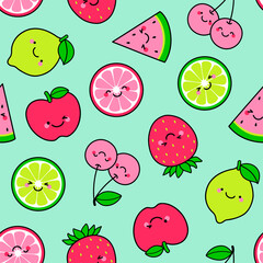 Cute tropical fruit cartoon illustration seamless pattern background.