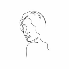 Vector continuous one single line drawing icon of abstract portrait of woman in silhouette on a white background. Linear stylized.