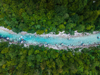 Soca River Valley in Slovenia. Top Down Aerial Drone view