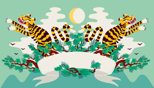 Asian Tiger symmetrical composition, vector tigers, and japanese pine branches in cartoon asian style. Organic flat style vector illustration.