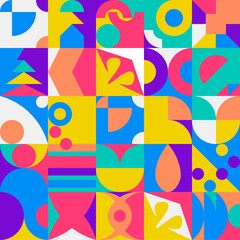 Colorful abstract flat geometric retro style seamless pattern.  Bauhaus abstract style in different colors background.