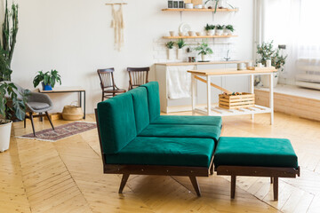 Stylish home interior with green sofa and scandinavian style kitchen on background. Brown wooden parquet