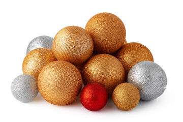 Pile of Christmas baubles isolated on white background