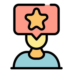 Person and star in chat bubble icon. Outline person and star in chat bubble vector icon color flat isolated