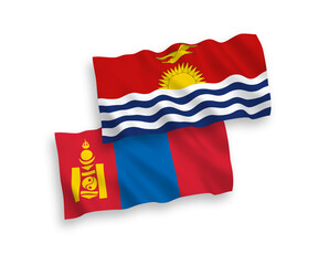 National vector fabric wave flags of Republic of Kiribati and Mongolia isolated on white background. 1 to 2 proportion.