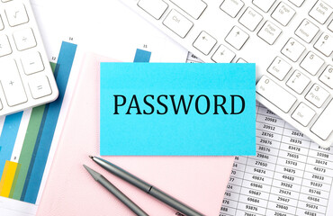PASSWORD text on blue sticker on chart with calculator and keyboard