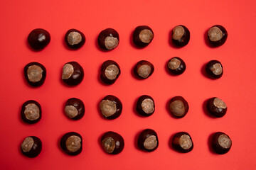 Chestnuts on a red background. Top view