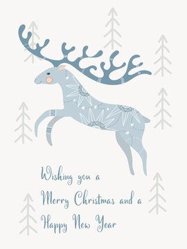 Cute postcard with a Deer. Christmas greeting gift cards with winter elements and holiday wishes. Winter vector illustration isolated on white background.