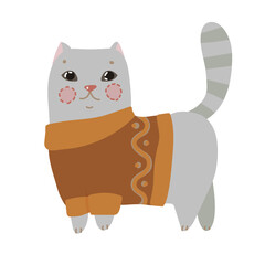 Gray kitten in a knitted sweater in a cartoon style in pastel colors. Winter vector illustration isolated on white background.