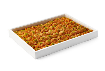 Turkish baklava dessert in a white box isolated on white.
