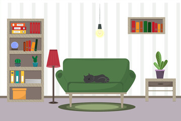 Cozy living room interior with shelves, sofa and a cat on it, flat vector illustration