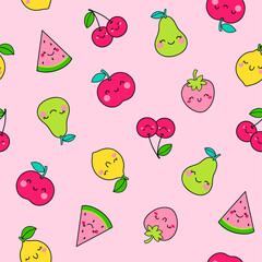 Seamless pattern of cute fruit illustration with pink backgroundใ