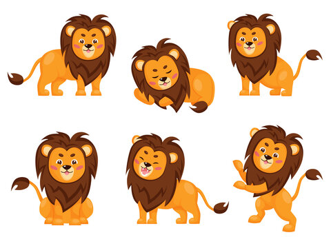 Set of cute lions in different poses. Collection of cartoon lions isolated on white background.