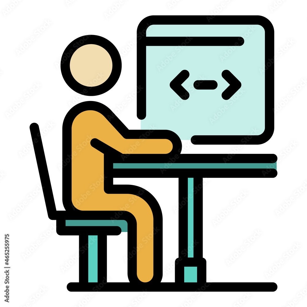 Poster man coding on pc icon. outline man coding on pc vector icon color flat isolated