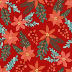 Flowers, leaves, berries and spruce branches. New Years design of fabric, packaging, gift paper. Seamless pattern.