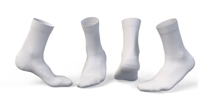 3D render Blank white socks design mockup, isolated, Pair sports crew cotton socks wear mockup. Long clear soft sock stand presentation. Men basketball, football, tennis plain socks template