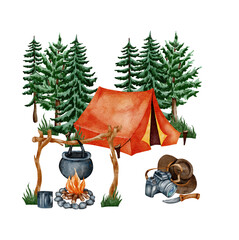 Camping clipart. Hand drawn wild camping illustration. Forest, hiking design. Watercolor tent in the meadow of the pine foreest.